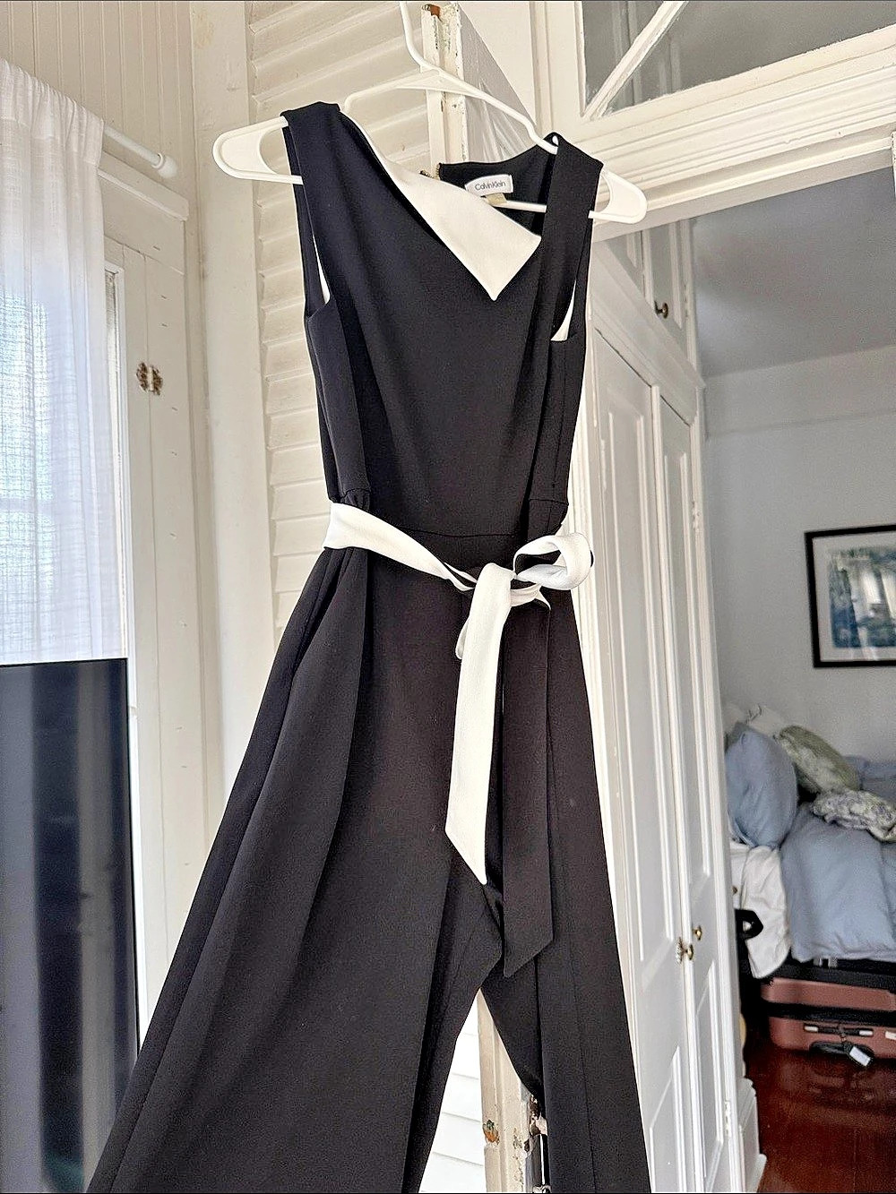 Calvin Klein Black Jumpsuit with White Contrast Neckline and Belt Black & White